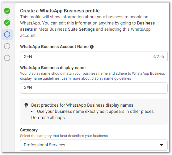 Fill out required information for your WhatsApp Business Account Name