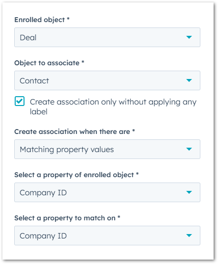 Associate the deal with any contact whose Company Record ID matches the deal’s Company Record ID.